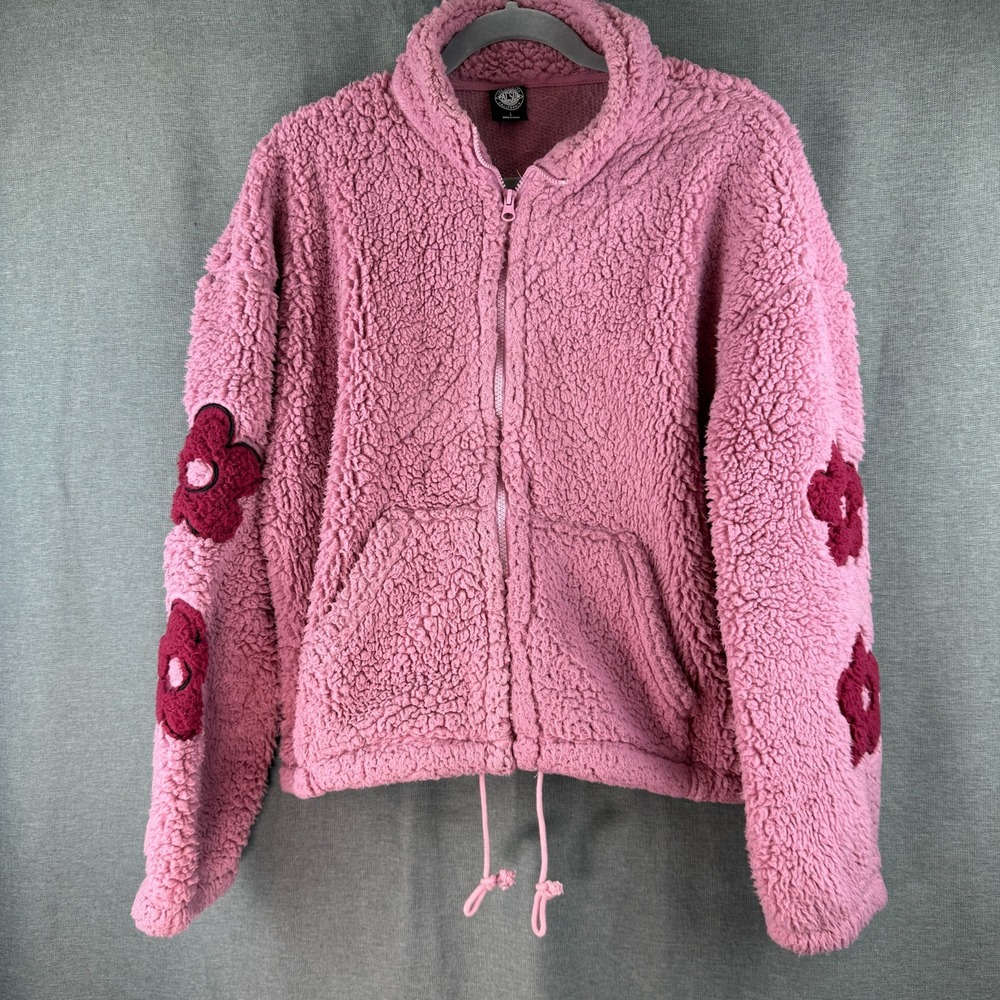 PacSun Sherpa Medium‎ Fleece Jacket Coat Pink Red Flowers Super Soft Teddy Sz L